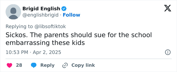 Tweet expressing outrage over middle school survey questions, suggesting parents sue the school. Tweet expressing outrage over middle school survey questions, suggesting parents sue the school.