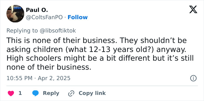 Tweet expressing concern over middle school survey questions for children. Tweet expressing concern over middle school survey questions for children.