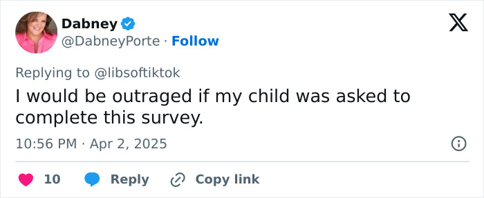 Tweet expressing parent's anger over explicit survey questions in middle school. Tweet expressing parent's anger over explicit survey questions in middle school.