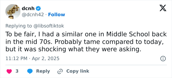 Tweet discussing explicit questions in a 1970s middle school survey with a reflection on past shock value. Tweet discussing explicit questions in a 1970s middle school survey with a reflection on past shock value.
