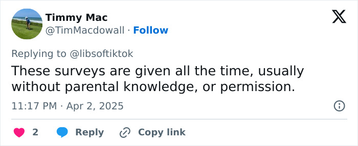 Tweet highlighting parental outrage over middle school surveys given without consent. Tweet highlighting parental outrage over middle school surveys given without consent.