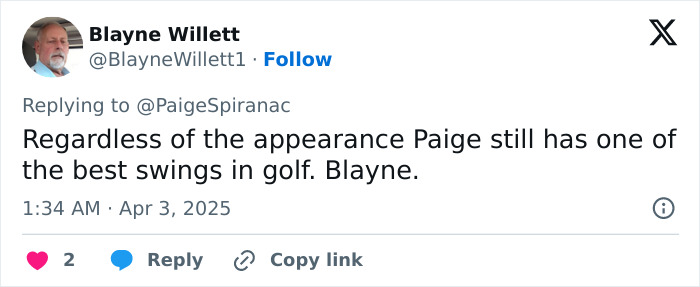 Tweet from Blayne Willett praising golf swing despite appearance changes. Tweet from Blayne Willett praising golf swing despite appearance changes.