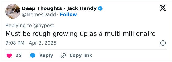 Tweet from user joking about the challenges of growing up wealthy, related to Tom Hanks' daughter's childhood. Tweet from user joking about the challenges of growing up wealthy, related to Tom Hanks' daughter's childhood.