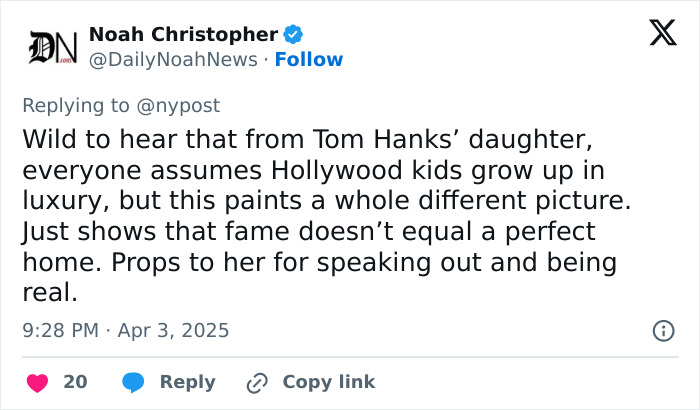 Tweet discussing Tom Hanks' daughter's revelations about her challenging Hollywood childhood. Tweet discussing Tom Hanks' daughter's revelations about her challenging Hollywood childhood.