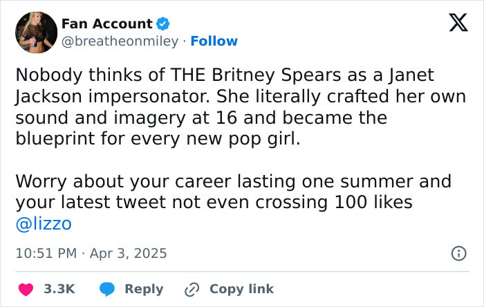 Tweet criticizing calling Britney Spears a Janet Jackson impersonator, mentioning Lizzo and pop music influence. Tweet criticizing calling Britney Spears a Janet Jackson impersonator, mentioning Lizzo and pop music influence.