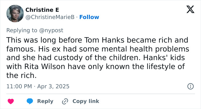 Tweet discussing Tom Hanks' children's differing upbringing experiences. Tweet discussing Tom Hanks' children's differing upbringing experiences.