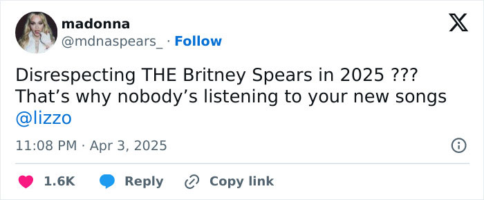 Tweet criticizing Lizzo for disrespecting Britney Spears in 2025, mentioning low music engagement. Tweet criticizing Lizzo for disrespecting Britney Spears in 2025, mentioning low music engagement.