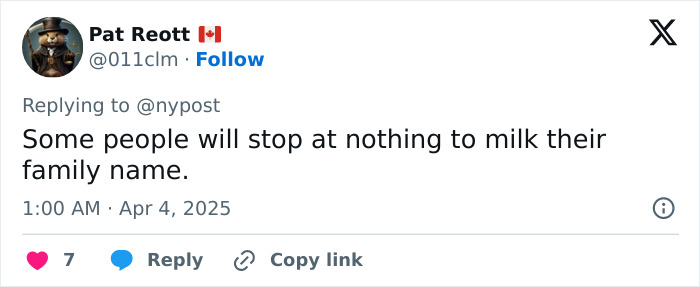Tweet about leveraging family name, expressing criticism of public figures' motives. Tweet about leveraging family name, expressing criticism of public figures' motives.