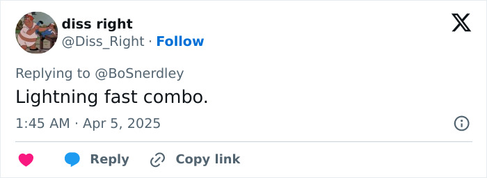 Tweet reply about a "lightning fast combo," by Diss Right, dated April 5, 2025. Tweet reply about a "lightning fast combo," by Diss Right, dated April 5, 2025.