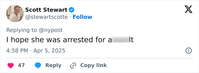 Tweet expressing hope for arrest after pro-life activist attack. Tweet expressing hope for arrest after pro-life activist attack.