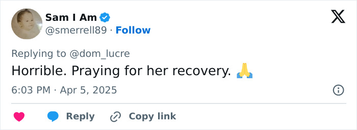 Tweet about pro-life activist attack, user offers prayers for her recovery. Tweet about pro-life activist attack, user offers prayers for her recovery.