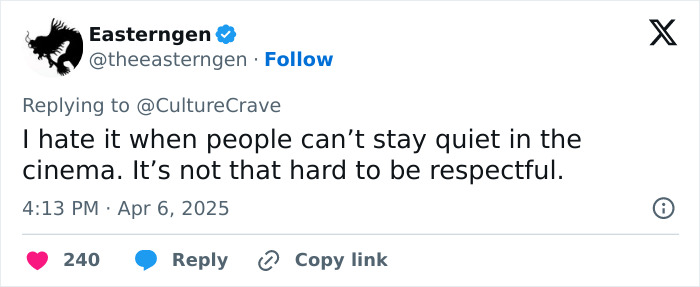 Tweet by Easterngen expressing frustration over cinema disruptions during Minecraft movie screening. Tweet by Easterngen expressing frustration over cinema disruptions during Minecraft movie screening.