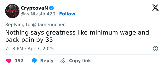 Tweet mocking US tariffs with comment on minimum wage and back pain by age 35, posted by CryptovaN. Tweet mocking US tariffs with comment on minimum wage and back pain by age 35, posted by CryptovaN.