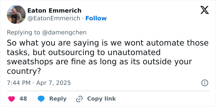 Tweet criticizing outsourcing practices amid US tariffs discussion. Tweet criticizing outsourcing practices amid US tariffs discussion.
