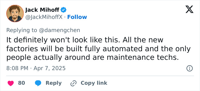 Tweet discussing automation, hinting at changes in factory work due to US tariffs. Tweet discussing automation, hinting at changes in factory work due to US tariffs.