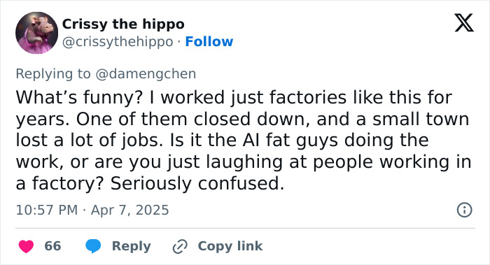 Tweet responding to a Chinese artist's video about US tariffs and factory jobs, questioning if mocking or AI workers are involved. Tweet responding to a Chinese artist's video about US tariffs and factory jobs, questioning if mocking or AI workers are involved.