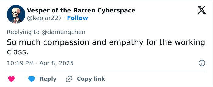 Tweet discussing Chinese artist's video on US tariffs, highlighting compassion for the working class. Tweet discussing Chinese artist's video on US tariffs, highlighting compassion for the working class.