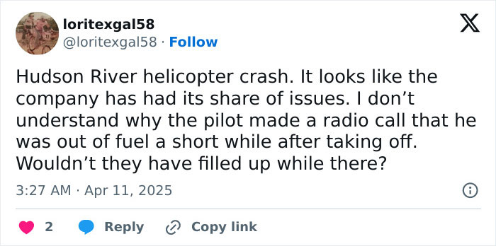 Tweet discussing NYC helicopter pilot's radio message and confusion over fuel status before the Hudson River crash. Tweet discussing NYC helicopter pilot's radio message and confusion over fuel status before the Hudson River crash.