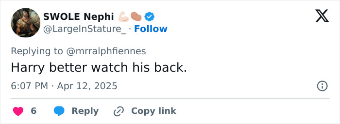 Tweet reacting to a Hollywood icon Ralph Fiennes' transformation. User says, "Harry better watch his back. Tweet reacting to a Hollywood icon Ralph Fiennes' transformation. User says, "Harry better watch his back.
