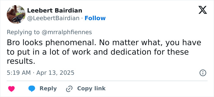 A social media post praising the remarkable physique transformation of a Hollywood icon at 62. A social media post praising the remarkable physique transformation of a Hollywood icon at 62.