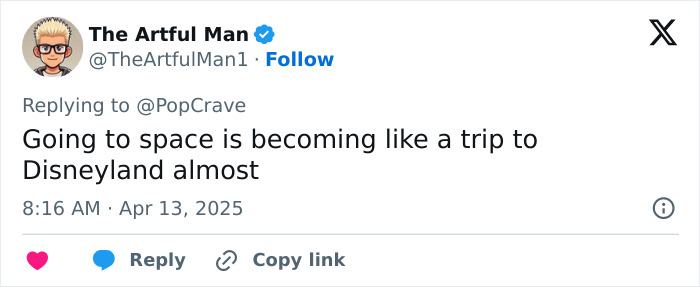 Tweet by The Artful Man about space travel, comparing it to Disneyland. Tweet by The Artful Man about space travel, comparing it to Disneyland.