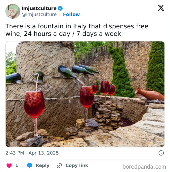 Italian fountain dispensing free wine, surrounded by stone walls and greenery, showcasing an interesting fact.