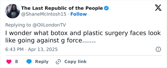 Tweet pondering effects of fillers and botox on faces during space travel. Tweet pondering effects of fillers and botox on faces during space travel.