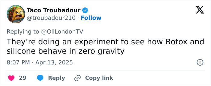 Tweet about space mission experiments with Botox and silicone in zero gravity. Tweet about space mission experiments with Botox and silicone in zero gravity.