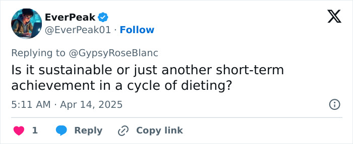 Tweet questioning the sustainability of a weight loss transformation after a noticeable change. Tweet questioning the sustainability of a weight loss transformation after a noticeable change.