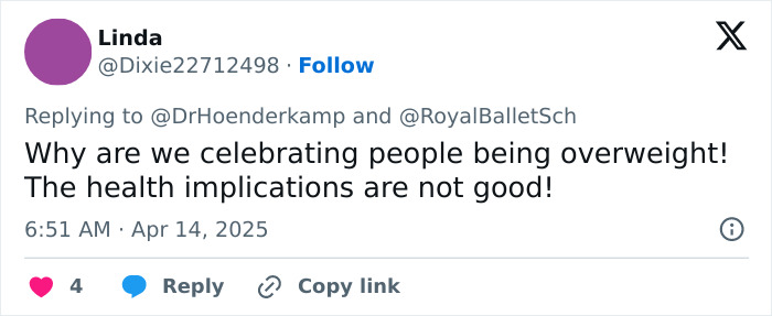 A tweet criticizing the Royal Ballet School for supporting plus-size dancers, highlighting health concerns. A tweet criticizing the Royal Ballet School for supporting plus-size dancers, highlighting health concerns.