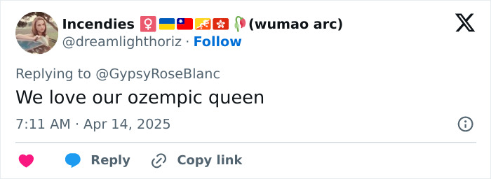 Tweet response to Gypsy-Rose Blanchard discussing Ozempic use following her weight loss transformation. Tweet response to Gypsy-Rose Blanchard discussing Ozempic use following her weight loss transformation.