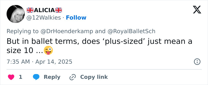 Social media post questioning what "plus-sized" means in ballet terms, referencing Royal Ballet School. Social media post questioning what "plus-sized" means in ballet terms, referencing Royal Ballet School.