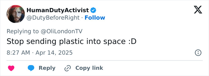 Tweet by HumanDutyActivist joking about plastic in space, relevant to Lauren Sanchez's fillers during mission. Tweet by HumanDutyActivist joking about plastic in space, relevant to Lauren Sanchez's fillers during mission.