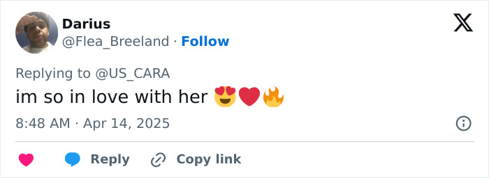 Tweet admiring Cara Delevingne's transformation at Coachella 2025 with heart and fire emojis. Tweet admiring Cara Delevingne's transformation at Coachella 2025 with heart and fire emojis.