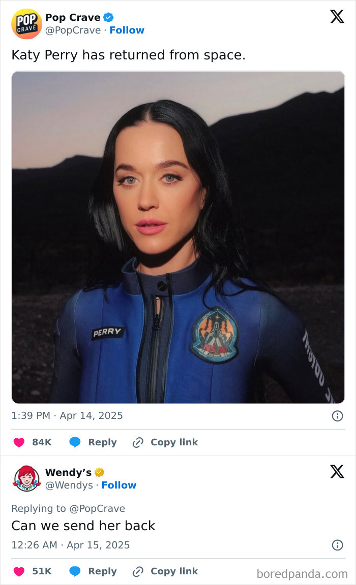 Wendy's tweet about Katy Perry in spacesuit, referencing online comment. Wendy's tweet about Katy Perry in spacesuit, referencing online comment.