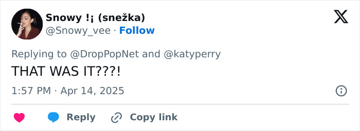 Tweet mocking Katy Perry's brief space trip, expressing disbelief with "THAT WAS IT???!". Tweet mocking Katy Perry's brief space trip, expressing disbelief with "THAT WAS IT???!".