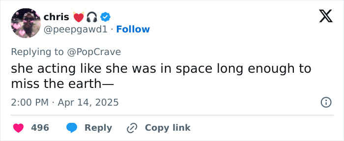 Tweet mocking Katy Perry's space trip reaction, suggesting an exaggerated experience after short flight. Tweet mocking Katy Perry's space trip reaction, suggesting an exaggerated experience after short flight.