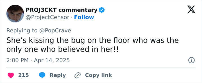 Comment on Katy Perry kissing ground after space trip, humor about bug believing in her, posted by user ProjectCensor. Comment on Katy Perry kissing ground after space trip, humor about bug believing in her, posted by user ProjectCensor.