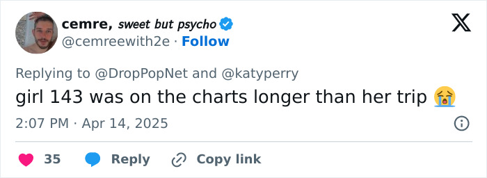 Tweet mocking Katy Perry's short space trip, comparing it to chart duration. Tweet mocking Katy Perry's short space trip, comparing it to chart duration.