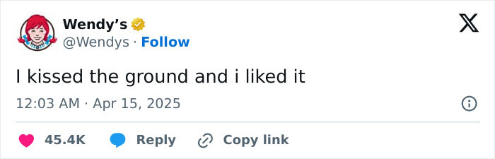 Wendy's tweet mocking Katy Perry with "I kissed the ground and I liked it," gaining massive support for her. Wendy's tweet mocking Katy Perry with "I kissed the ground and I liked it," gaining massive support for her.