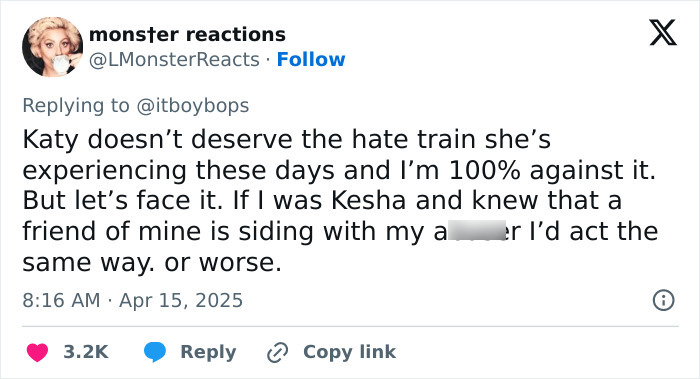 Tweet supporting Katy Perry amid criticism involving Wendy's and Ke$ha. Tweet supporting Katy Perry amid criticism involving Wendy's and Ke$ha.