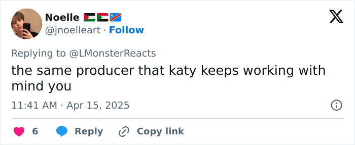 Tweet supporting Katy Perry amid controversy with mention of a producer collaboration. Tweet supporting Katy Perry amid controversy with mention of a producer collaboration.
