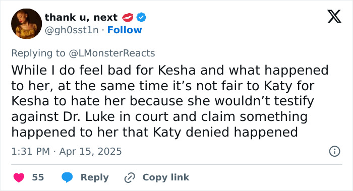 Tweet discussing support for Katy Perry amidst controversy with Wendy's and Ke$ha. Tweet discussing support for Katy Perry amidst controversy with Wendy's and Ke$ha.