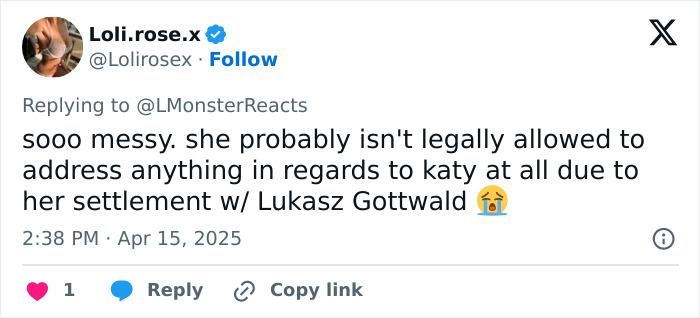 Tweet expressing support for Katy Perry against mocking remarks, mentioning legal settlement constraints. Tweet expressing support for Katy Perry against mocking remarks, mentioning legal settlement constraints.