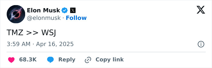 Elon Musk tweet comparing TMZ and WSJ, posted on April 16, 2025. Elon Musk tweet comparing TMZ and WSJ, posted on April 16, 2025.