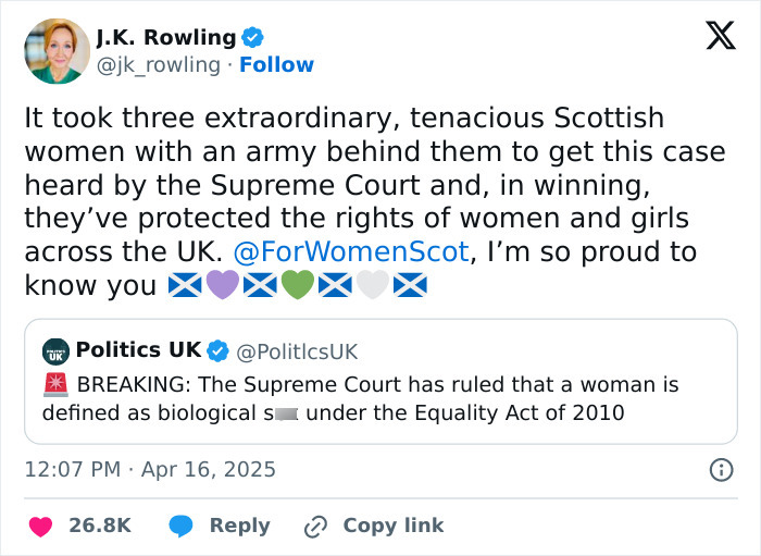 JK Rowling tweets about Supreme Court decision on trans women, celebrating rights with flags and user tags. JK Rowling tweets about Supreme Court decision on trans women, celebrating rights with flags and user tags.