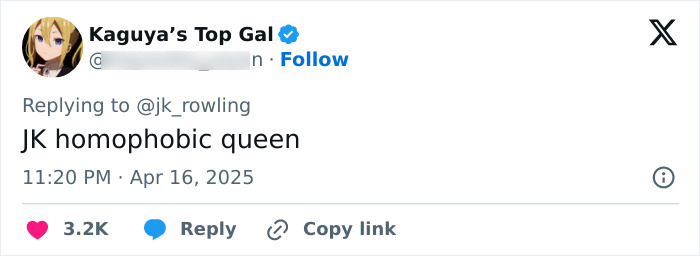 Tweet replying to J.K. Rowling criticizing her stance on trans rights. Tweet replying to J.K. Rowling criticizing her stance on trans rights.