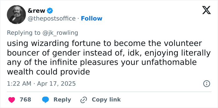 Tweet criticizing J.K. Rowling's stance on trans rights by a user with a comment about wealth and gender. Tweet criticizing J.K. Rowling's stance on trans rights by a user with a comment about wealth and gender.