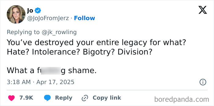 Tweet criticizing J.K. Rowling's stance on trans rights after Supreme Court ruling, discussing legacy and intolerance. Tweet criticizing J.K. Rowling's stance on trans rights after Supreme Court ruling, discussing legacy and intolerance.
