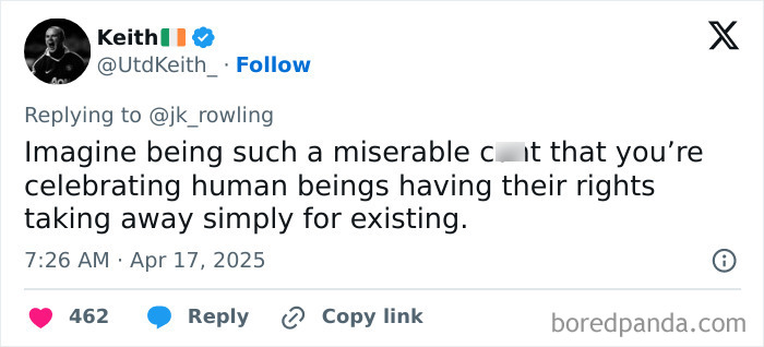 Tweet responding to J.K. Rowling about trans rights, expressing frustration over the celebration of rights removal. Tweet responding to J.K. Rowling about trans rights, expressing frustration over the celebration of rights removal.